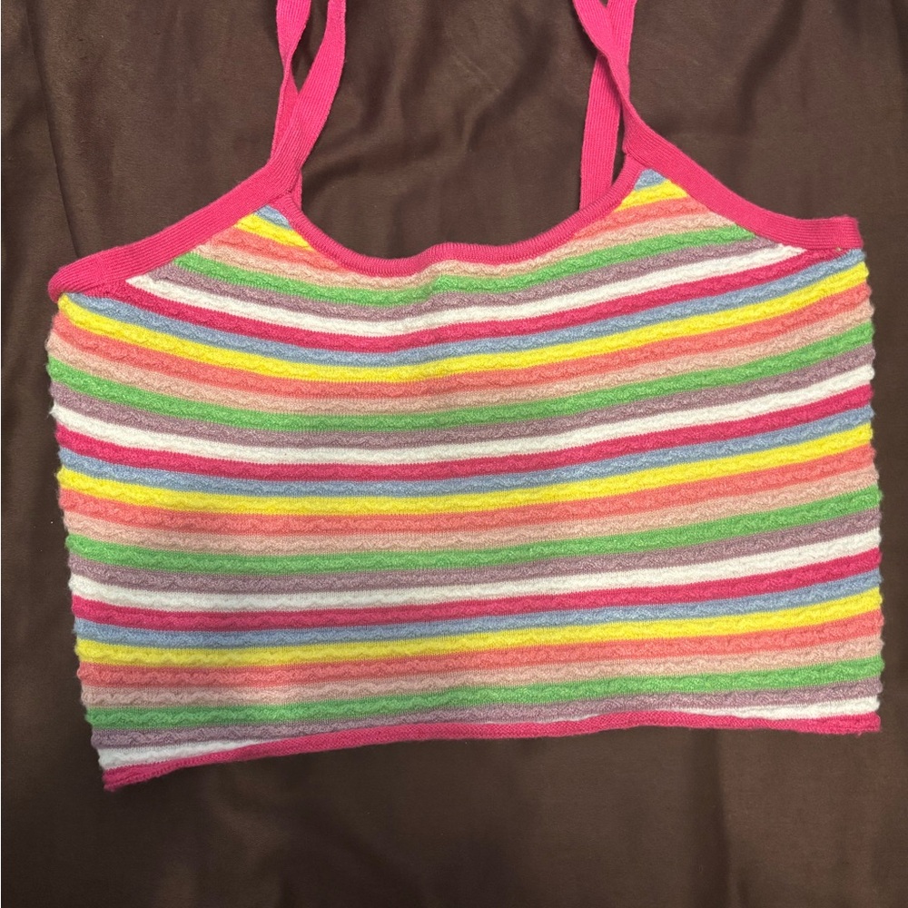 Multicolor Striped Crop Top with Pink Straps